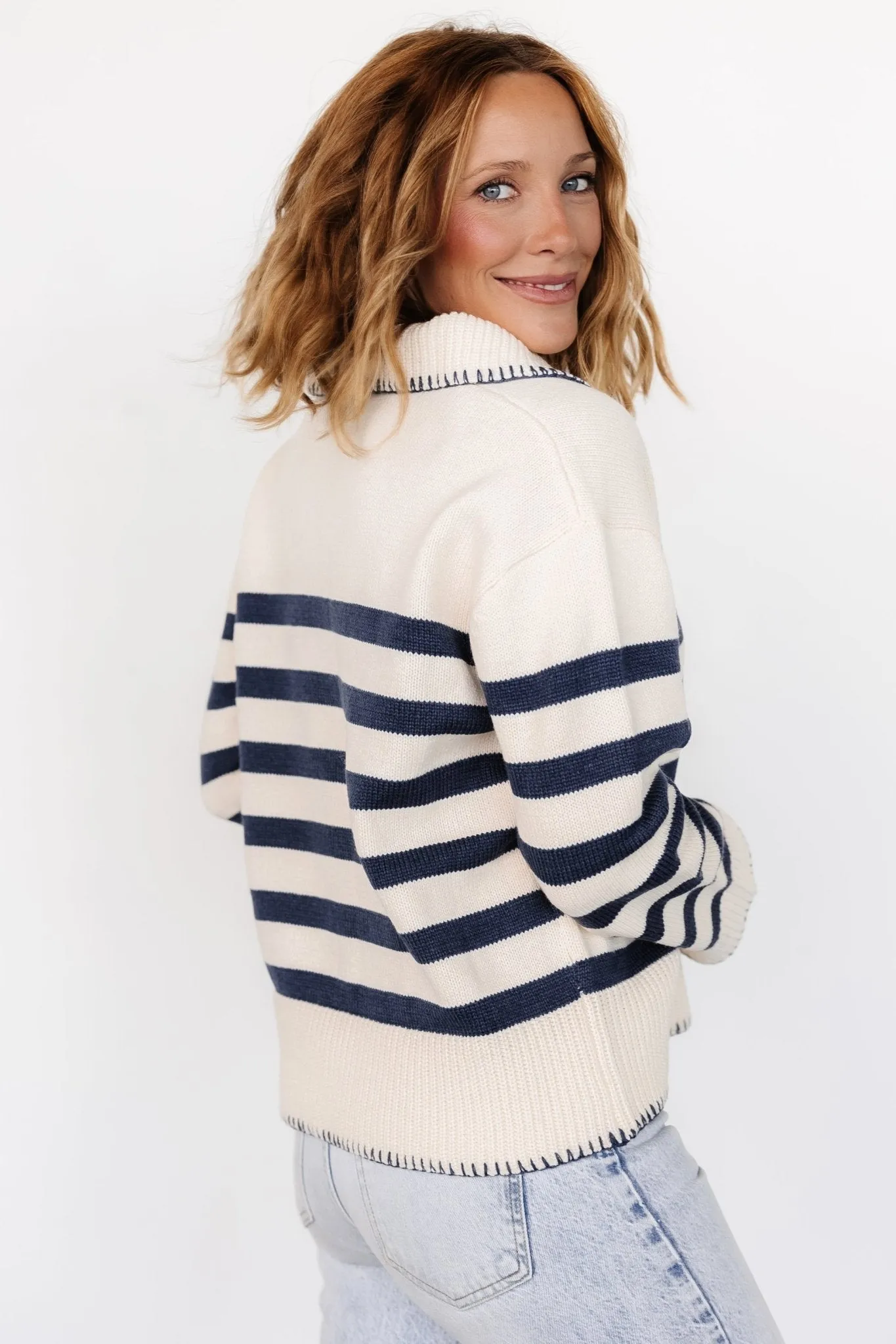 Bastian Striped Sweater | Cream   Navy