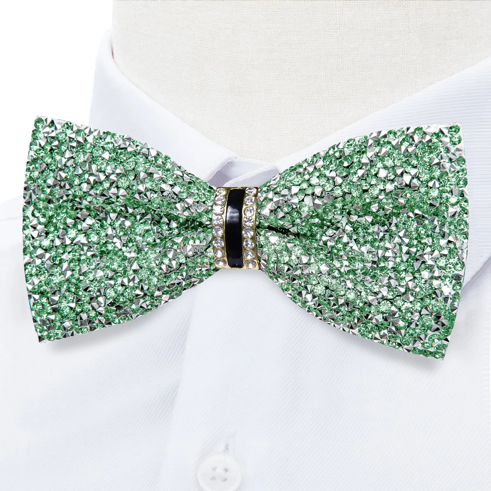 DiBanGu Imitation Diamond Bow Tie Green Silver Crystal Men's Pre Tied Bow Ties