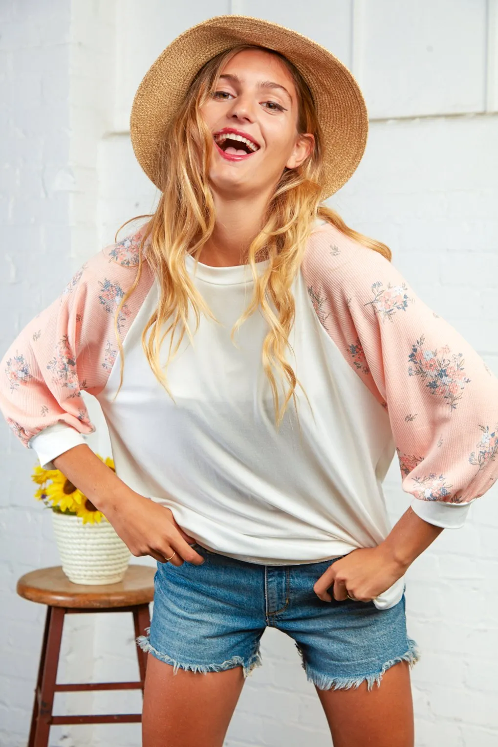 Floral Raglan Bubble Sleeve Top