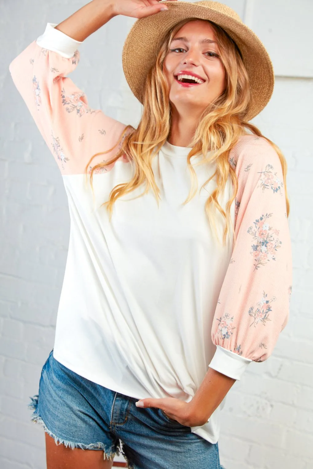 Floral Raglan Bubble Sleeve Top