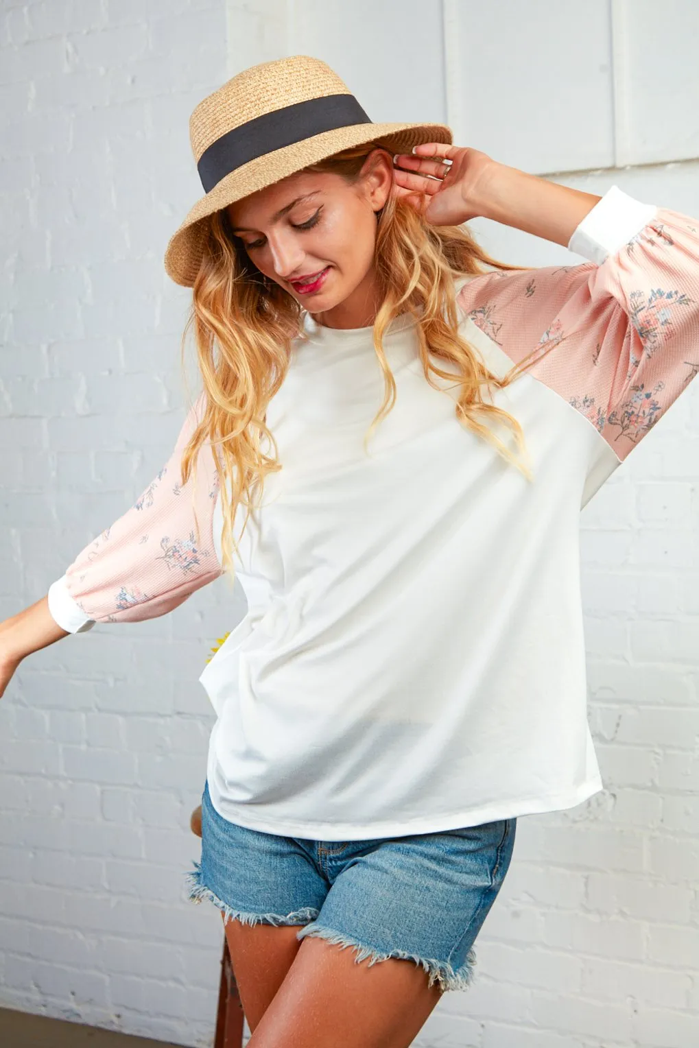 Floral Raglan Bubble Sleeve Top