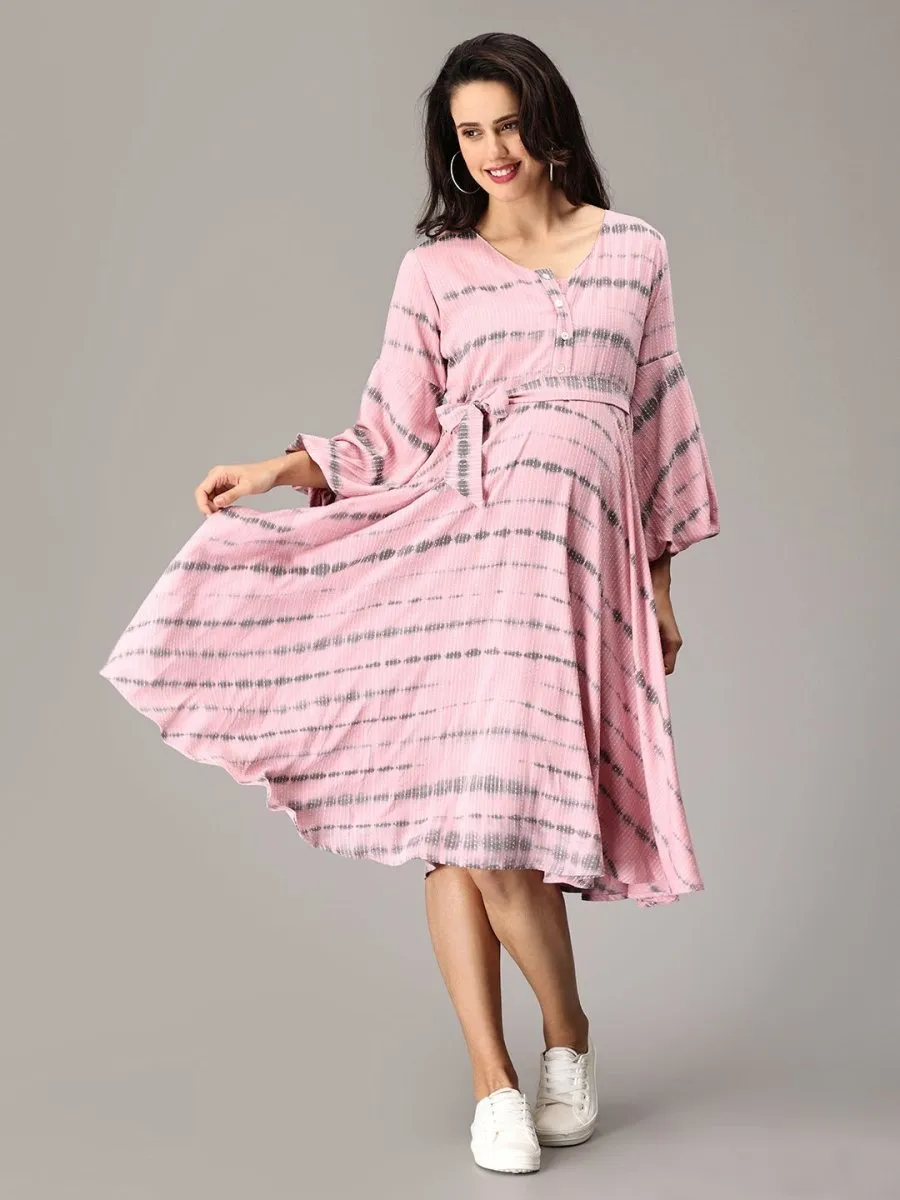 French Pink Tie and Dye Maternity and Nursing Dress