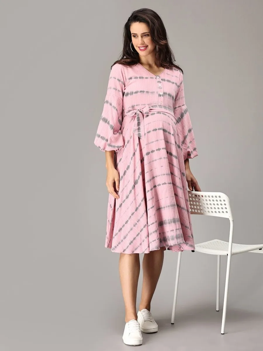 French Pink Tie and Dye Maternity and Nursing Dress