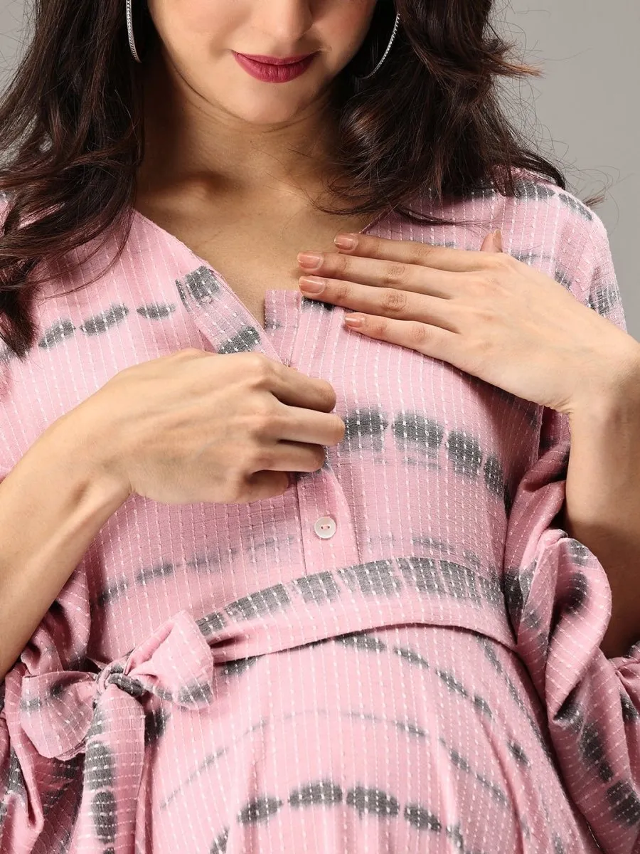 French Pink Tie and Dye Maternity and Nursing Dress