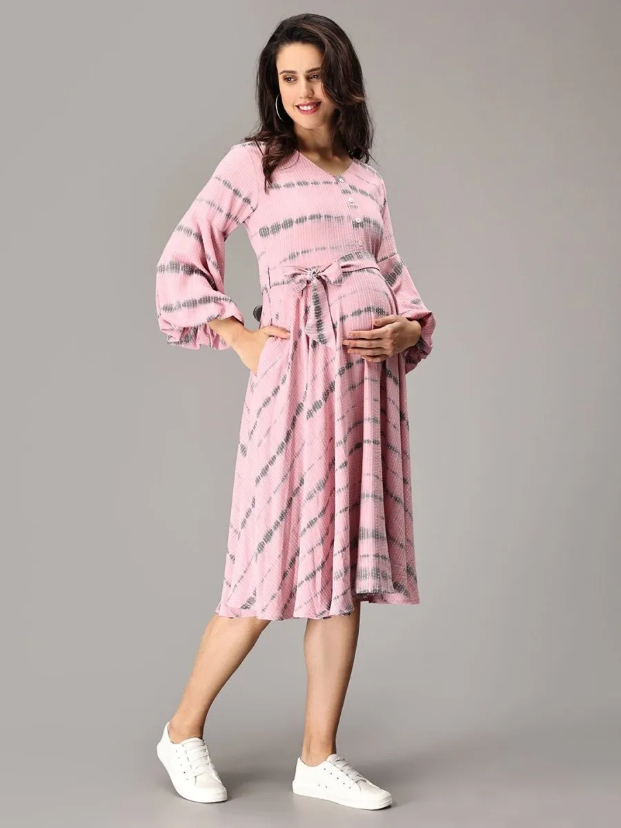 French Pink Tie and Dye Maternity and Nursing Dress