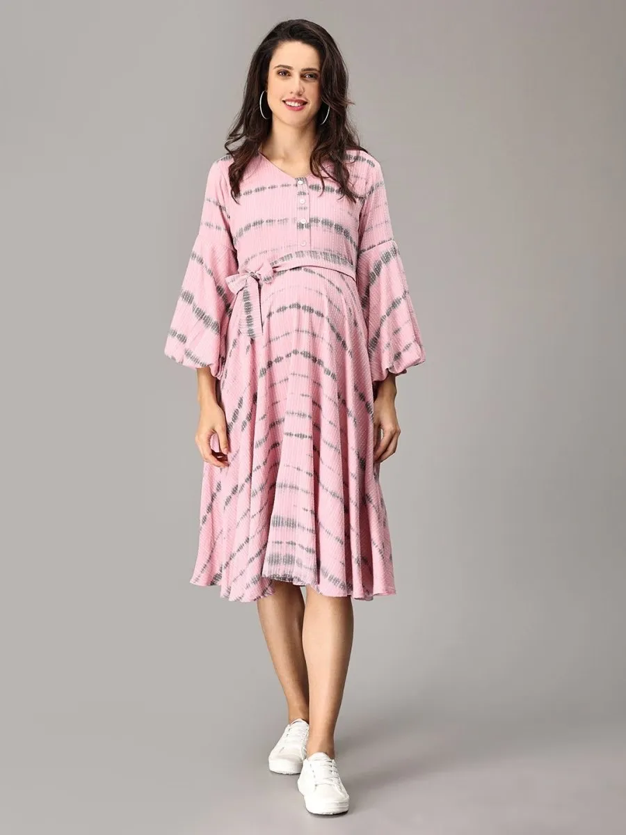 French Pink Tie and Dye Maternity and Nursing Dress