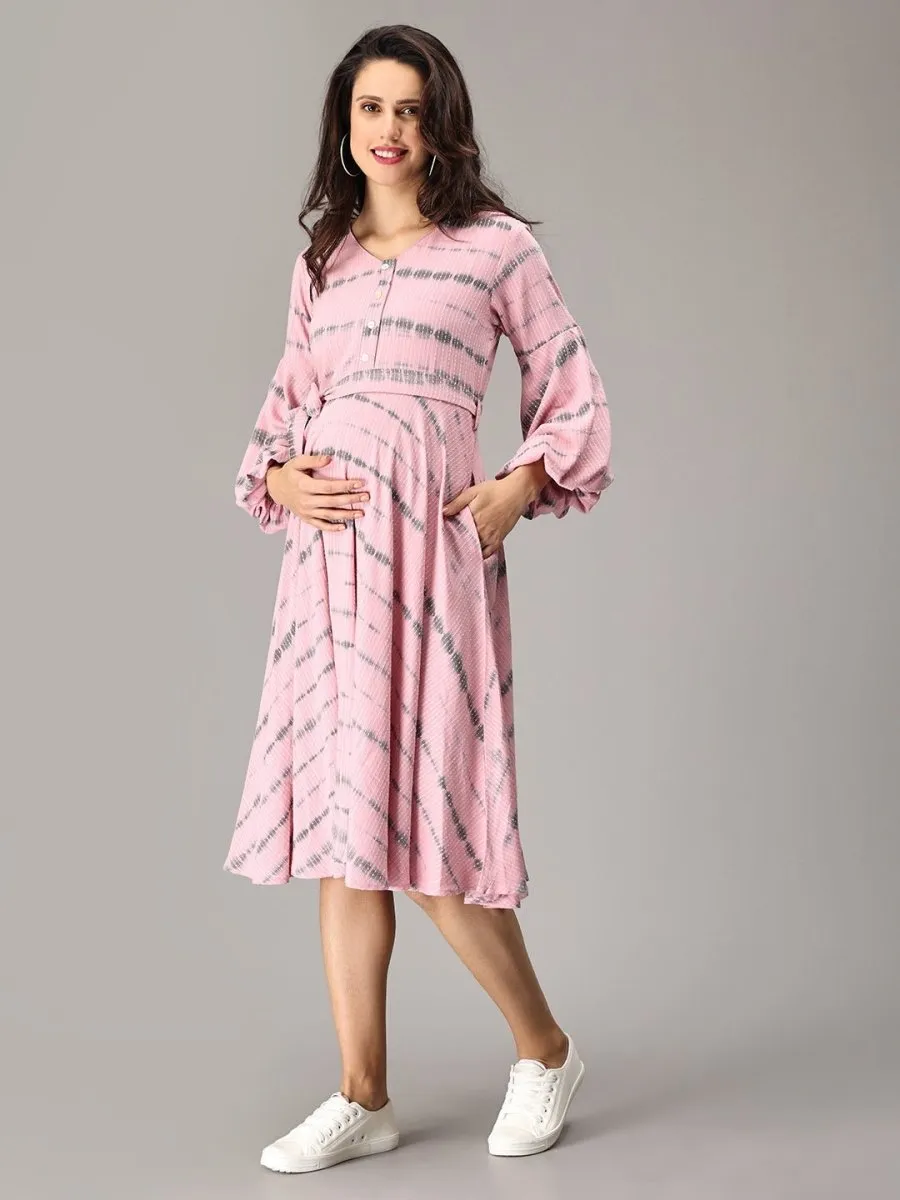 French Pink Tie and Dye Maternity and Nursing Dress