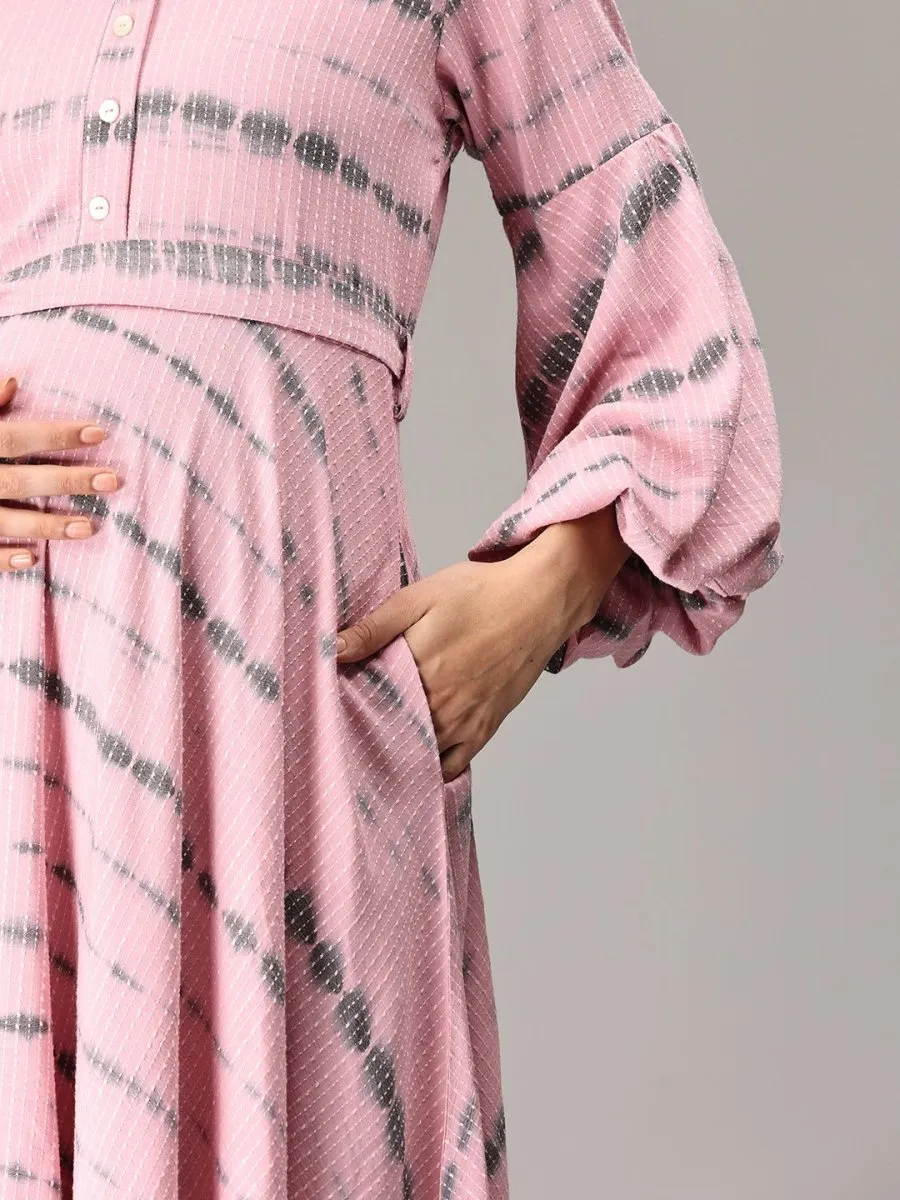 French Pink Tie and Dye Maternity and Nursing Dress