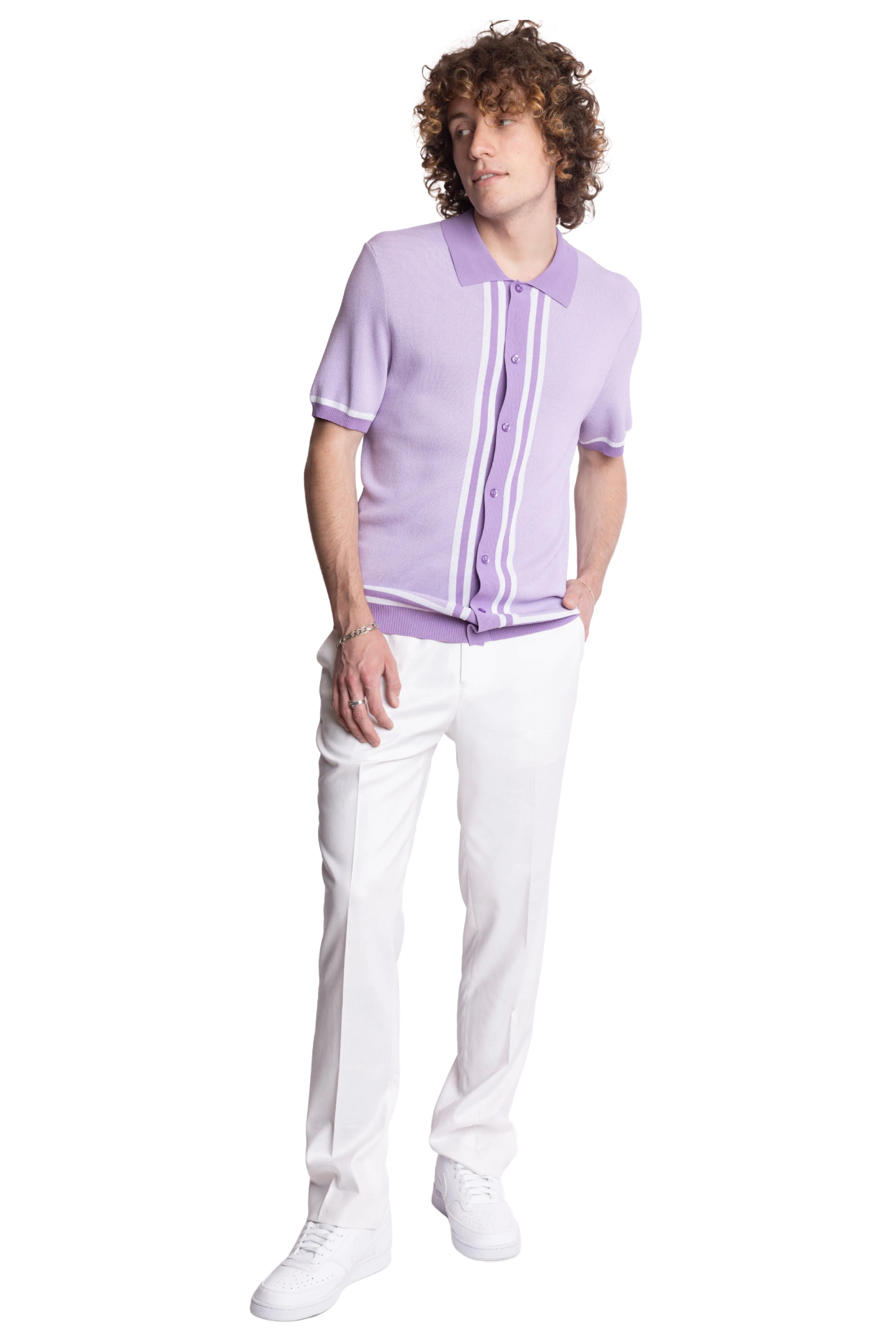 Full Placket Retro Polo - Lilac White