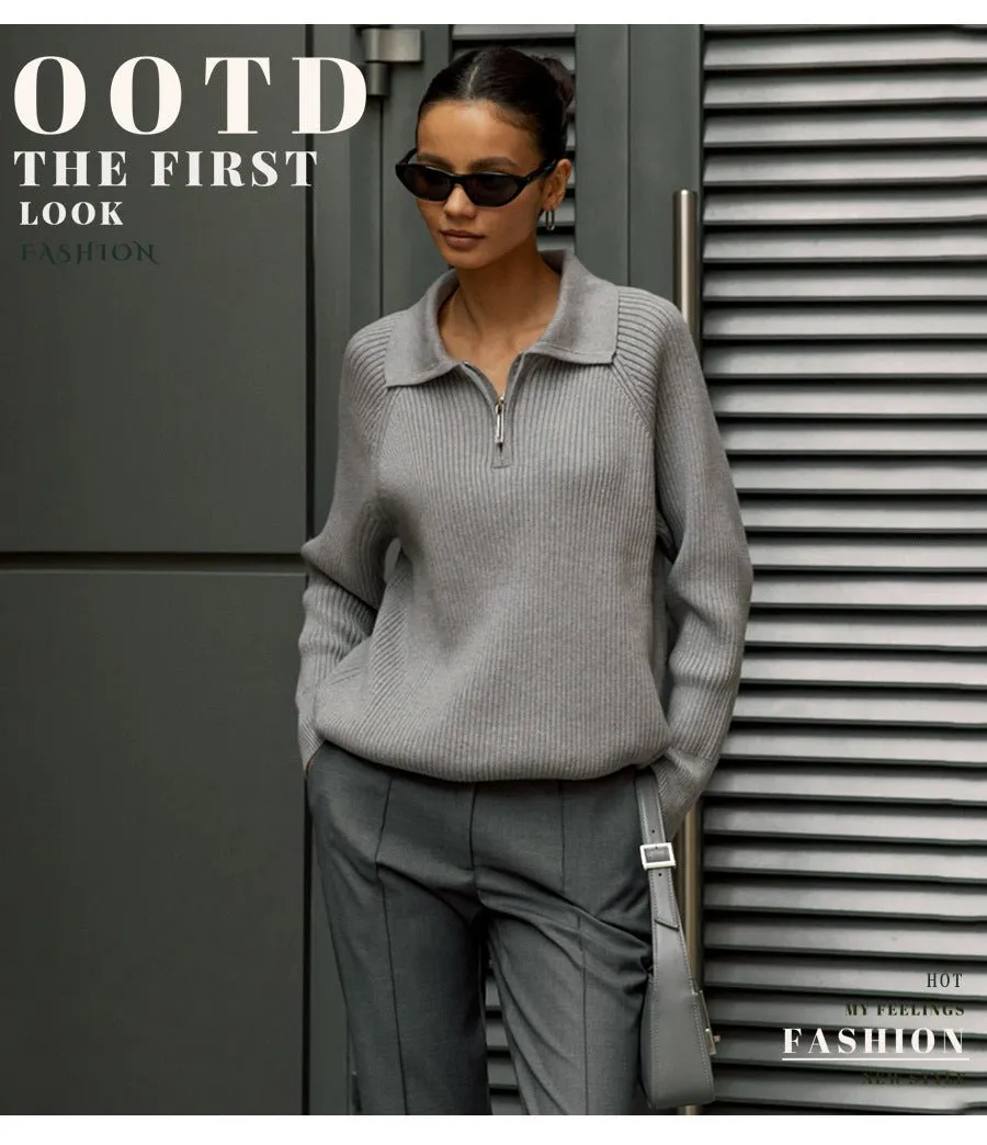 New trend all-match simple casual Polo collar lapel pullover knitted sweater
