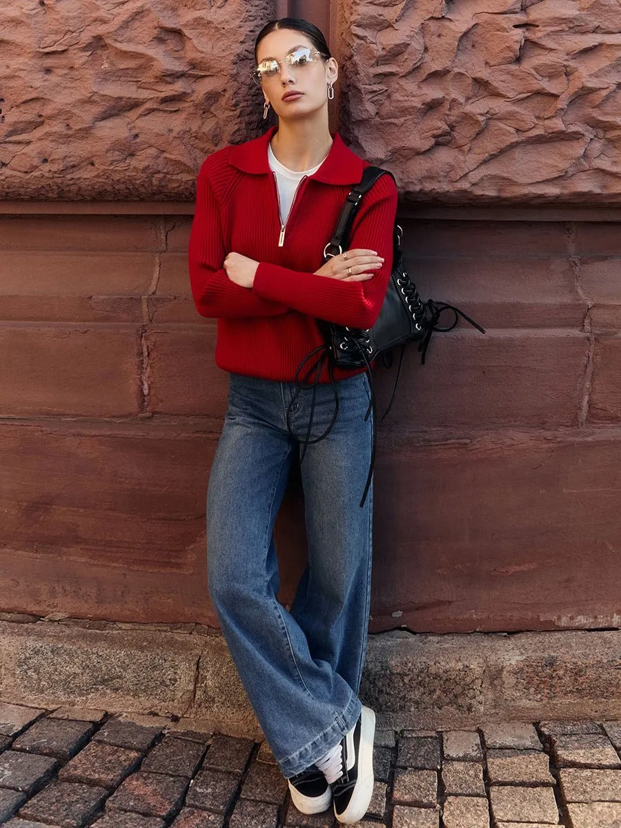 New trend all-match simple casual Polo collar lapel pullover knitted sweater