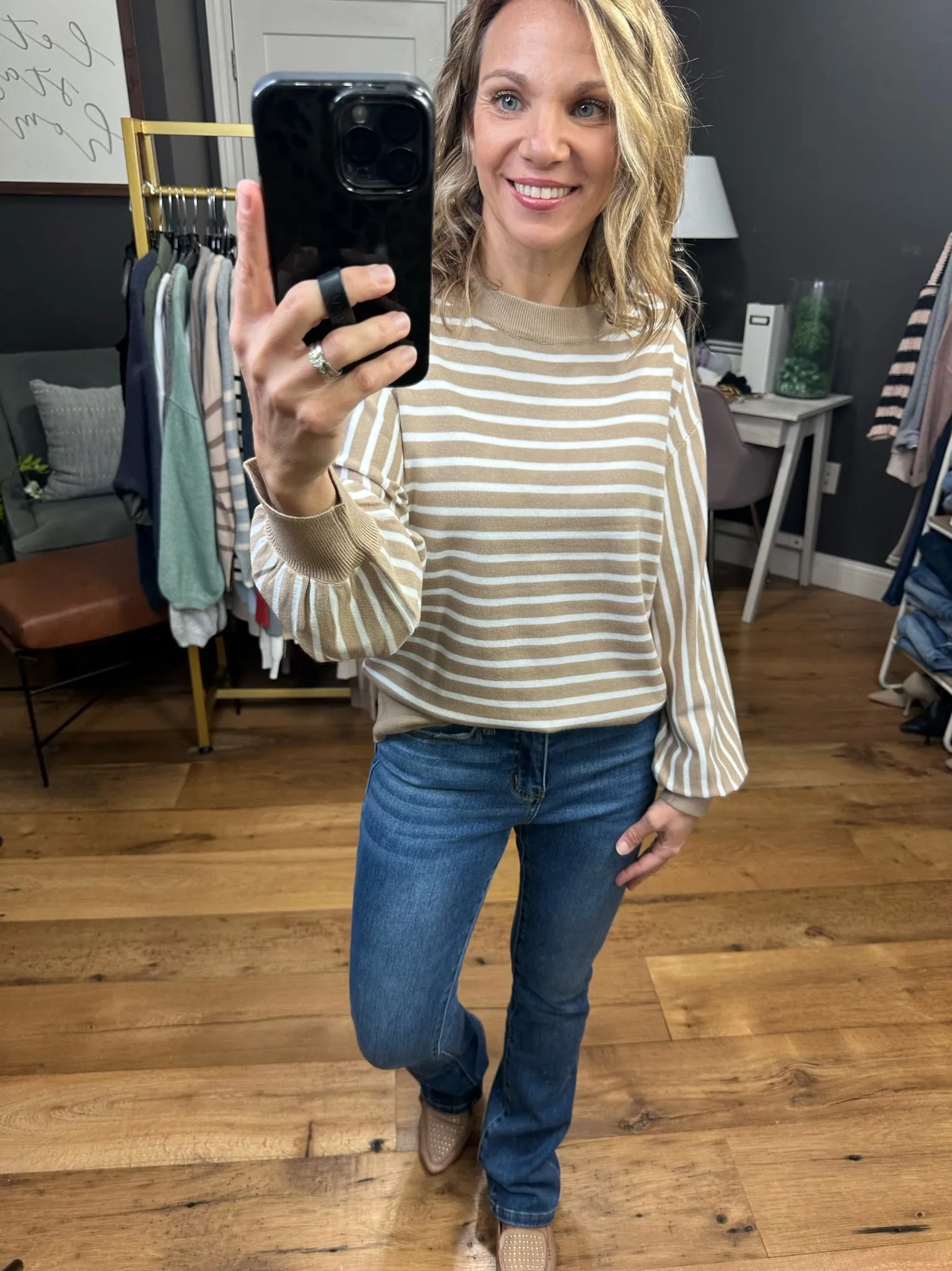 On The Dot Striped Sweater With Balloon Sleeve Detail - Taupe
