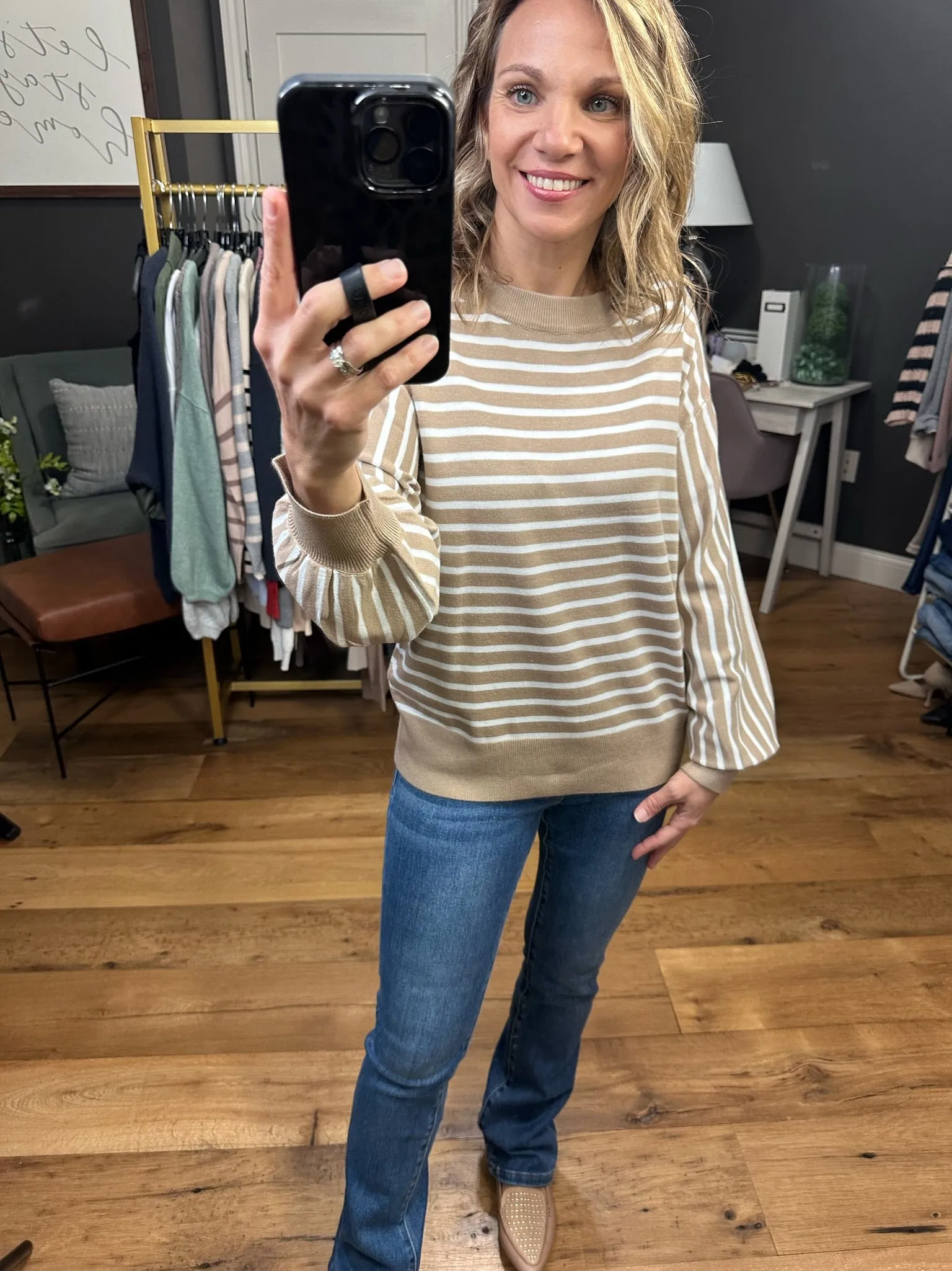 On The Dot Striped Sweater With Balloon Sleeve Detail - Taupe