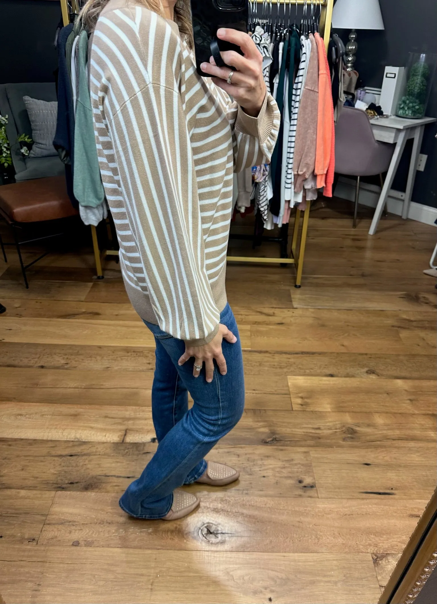 On The Dot Striped Sweater With Balloon Sleeve Detail - Taupe