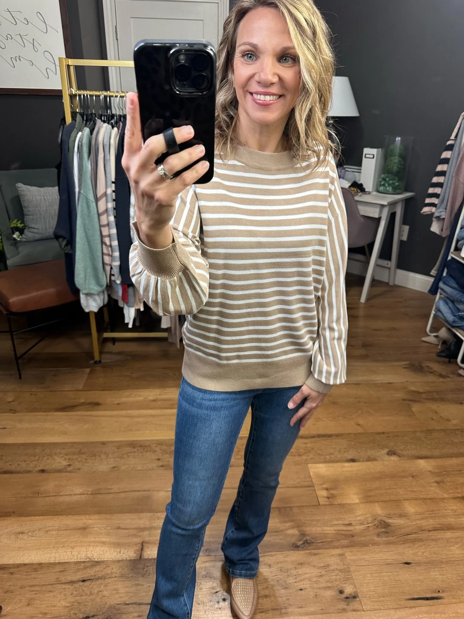 On The Dot Striped Sweater With Balloon Sleeve Detail - Taupe