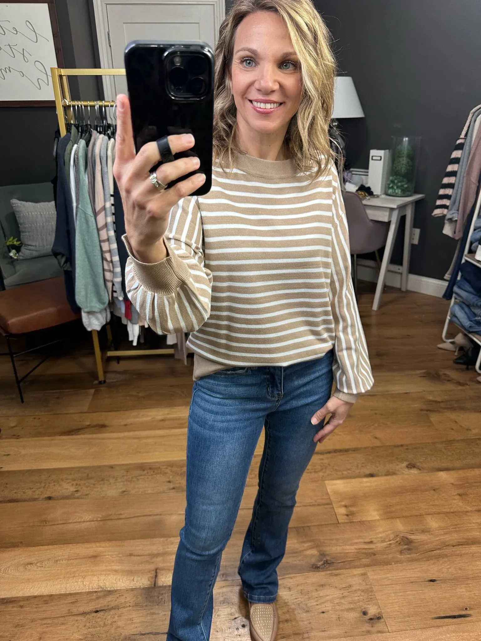 On The Dot Striped Sweater With Balloon Sleeve Detail - Taupe
