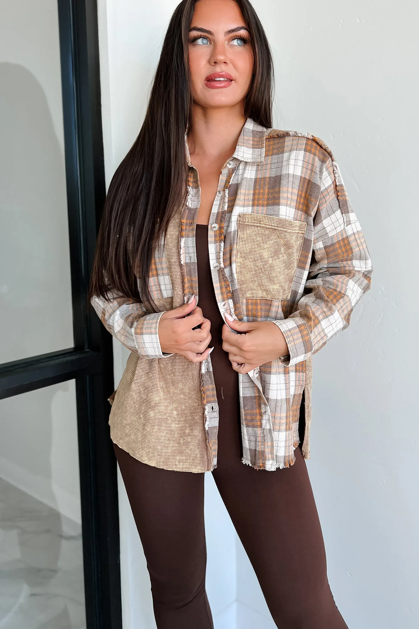 Over & Done Thermal Plaid Button-Down Shirt (Brown)