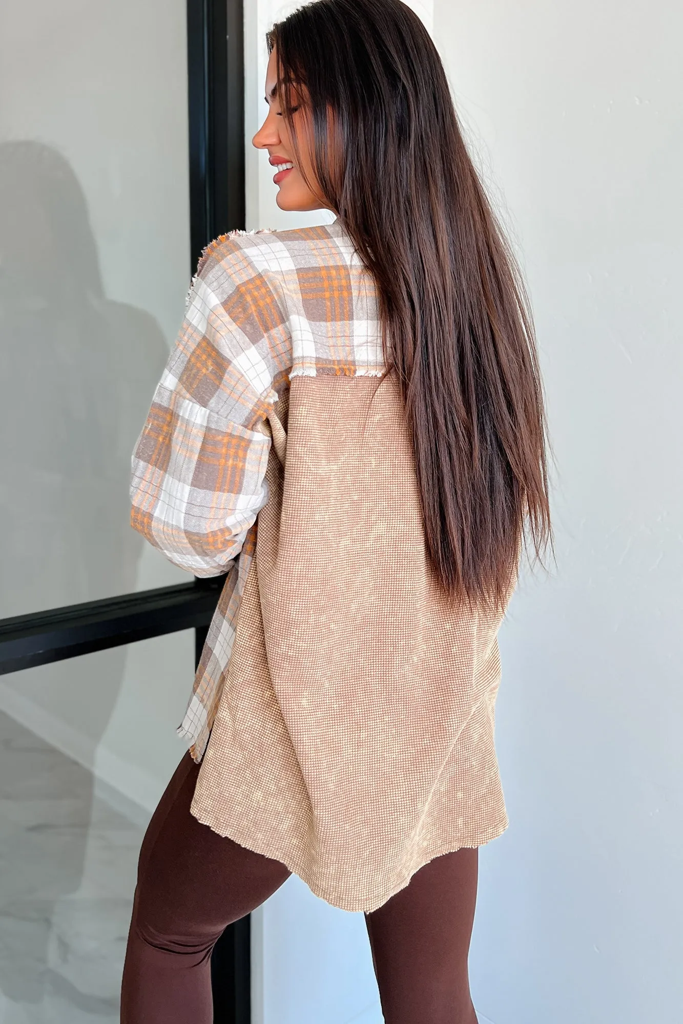 Over & Done Thermal Plaid Button-Down Shirt (Brown)