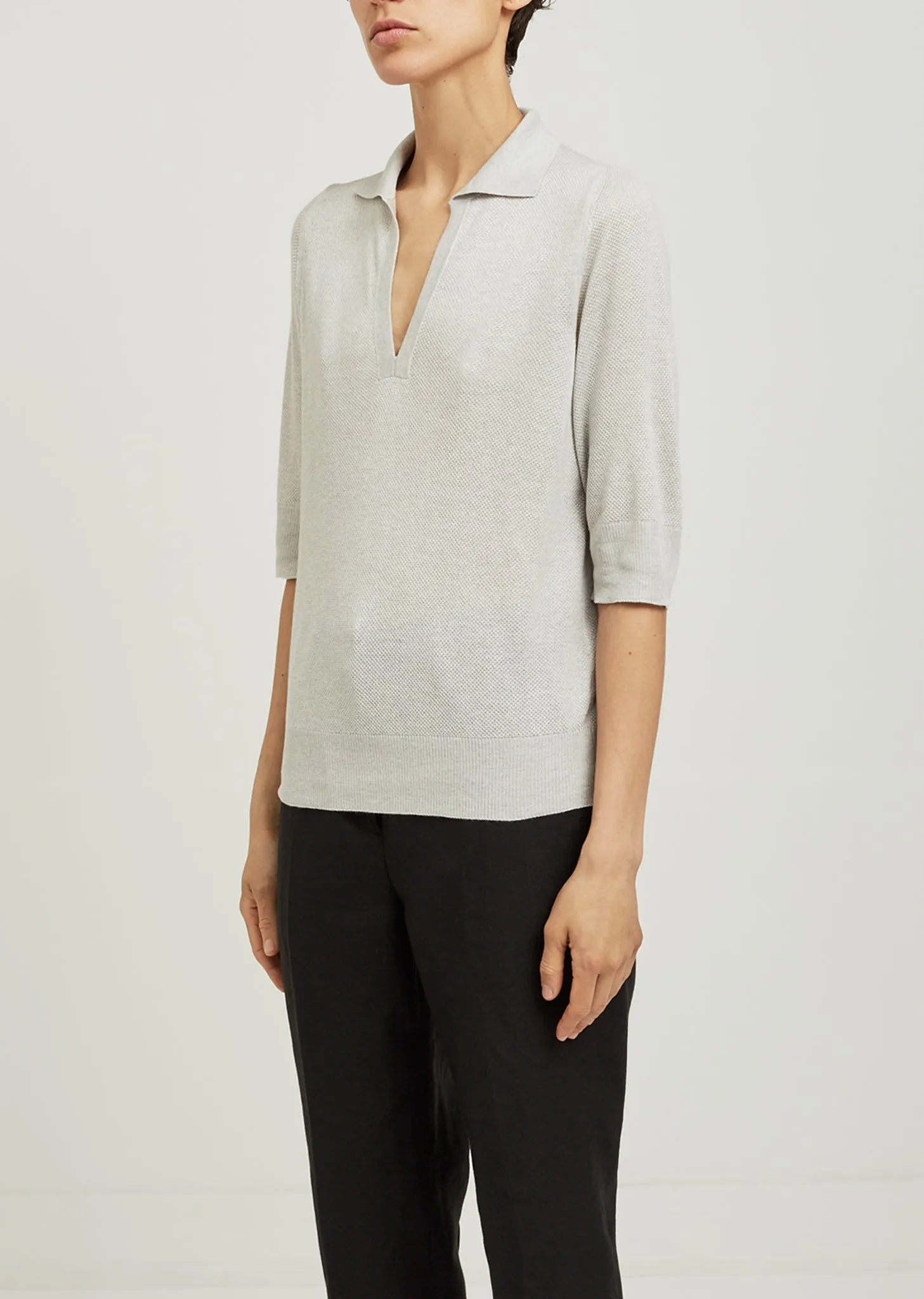 Pique Open Collar Silk Sweater