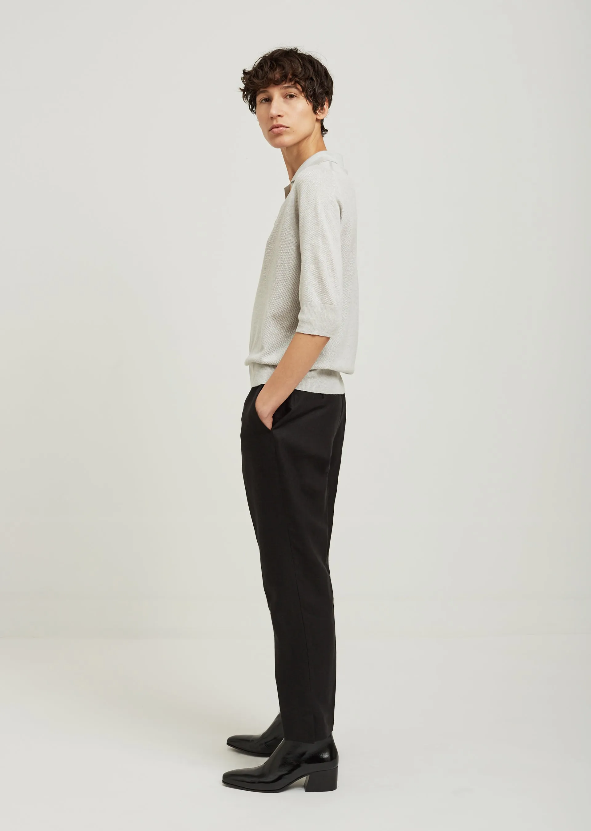 Pique Open Collar Silk Sweater