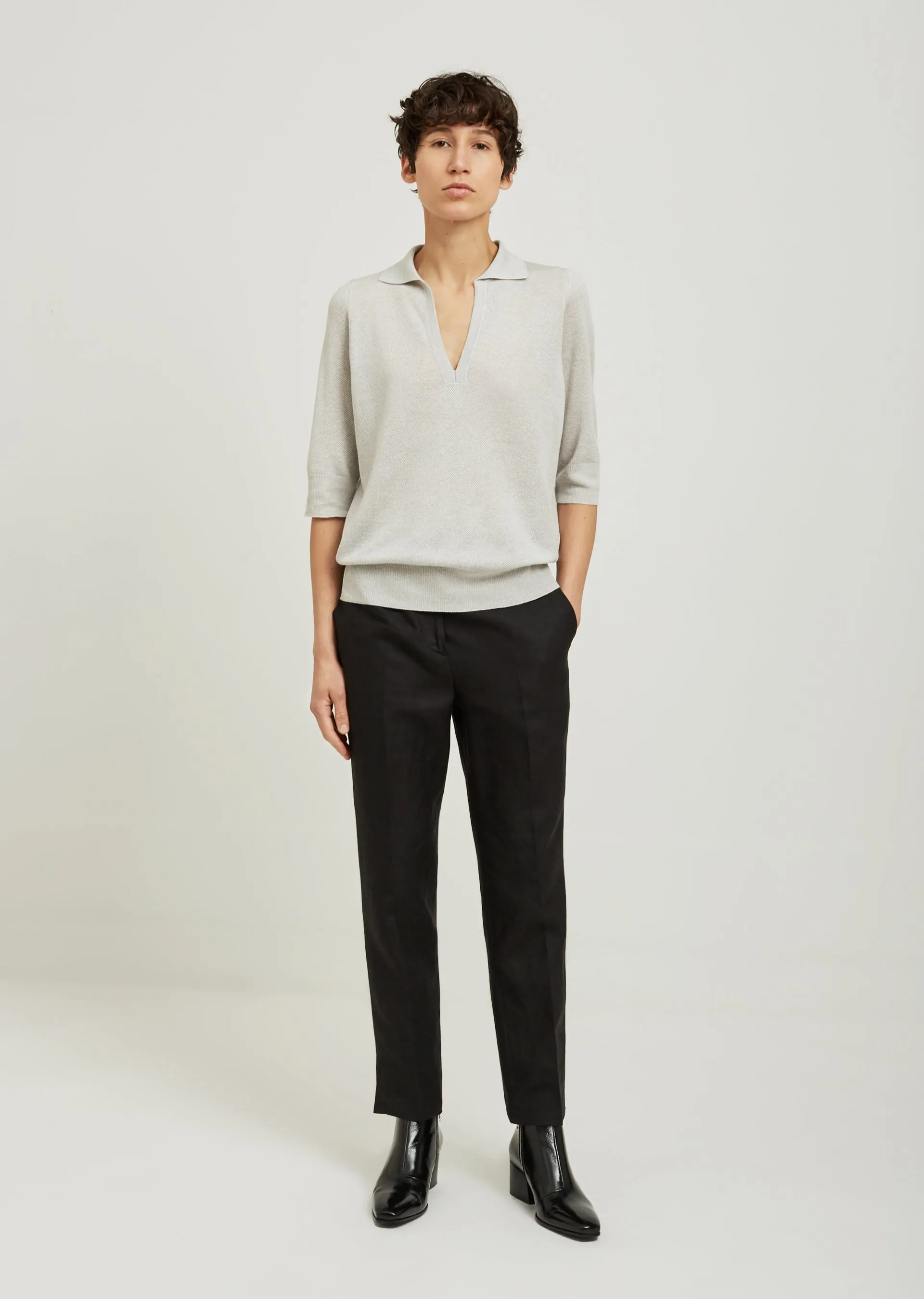Pique Open Collar Silk Sweater