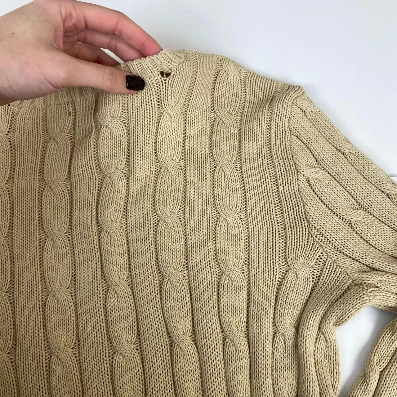 Preowned Polo Ralph Lauren Womens Cable-Knit Jumper Size L Beige Crew Sweater Logo Pima