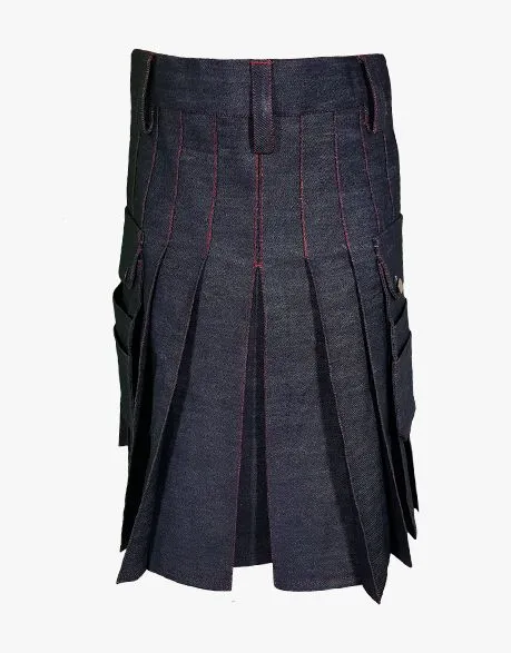 RED THREADED BLUE DENIM KILT