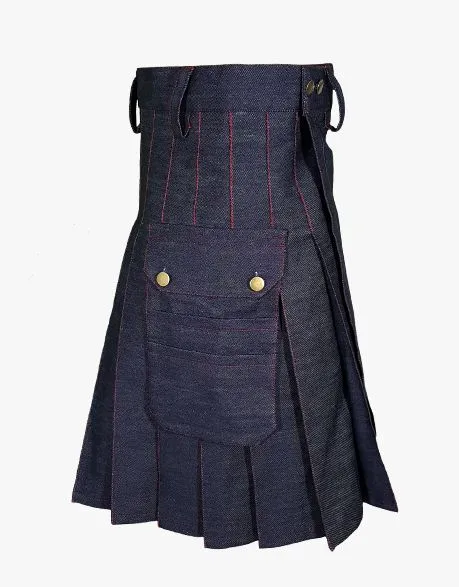 RED THREADED BLUE DENIM KILT