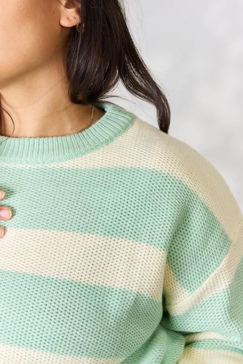 Sage   Ivory Striped Round Neck Sweater