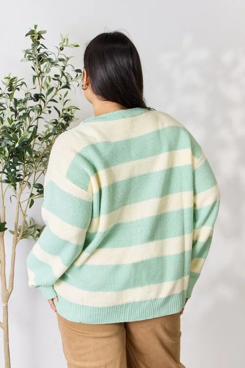 Sage   Ivory Striped Round Neck Sweater