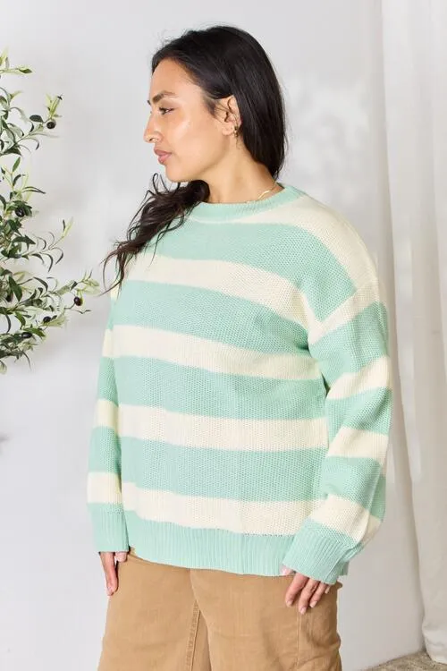 Sage   Ivory Striped Round Neck Sweater
