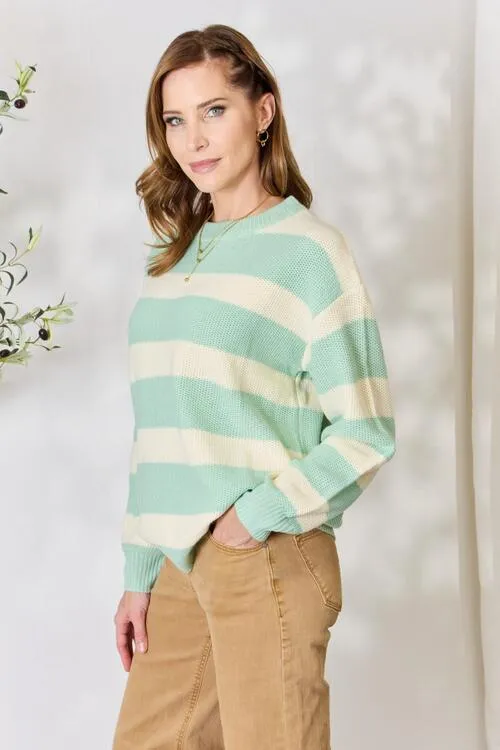 Sage   Ivory Striped Round Neck Sweater