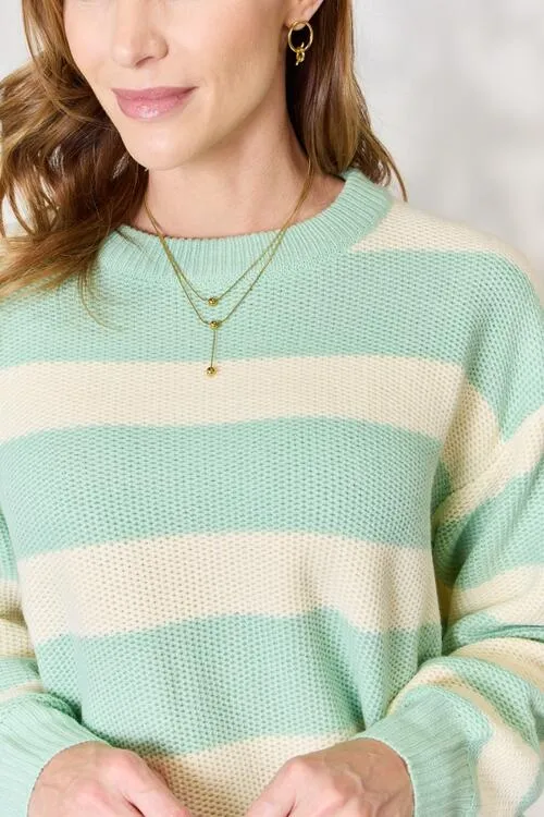 Sage   Ivory Striped Round Neck Sweater