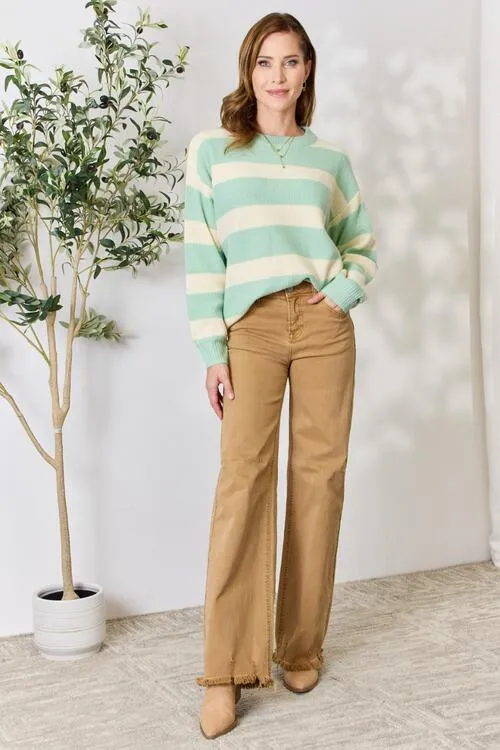 Sage   Ivory Striped Round Neck Sweater
