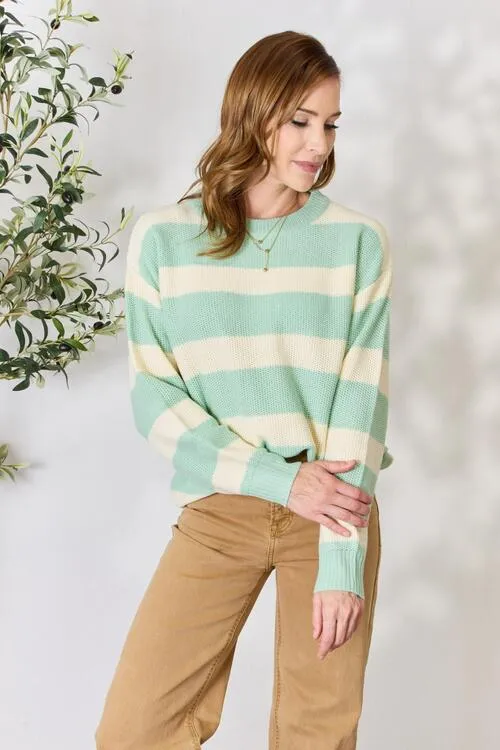 Sage   Ivory Striped Round Neck Sweater