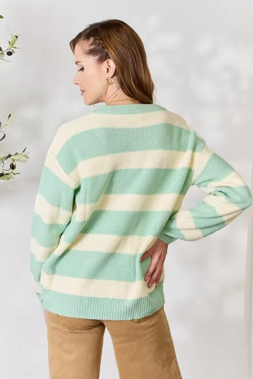 Sage   Ivory Striped Round Neck Sweater