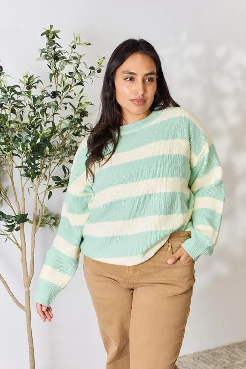 Sage   Ivory Striped Round Neck Sweater