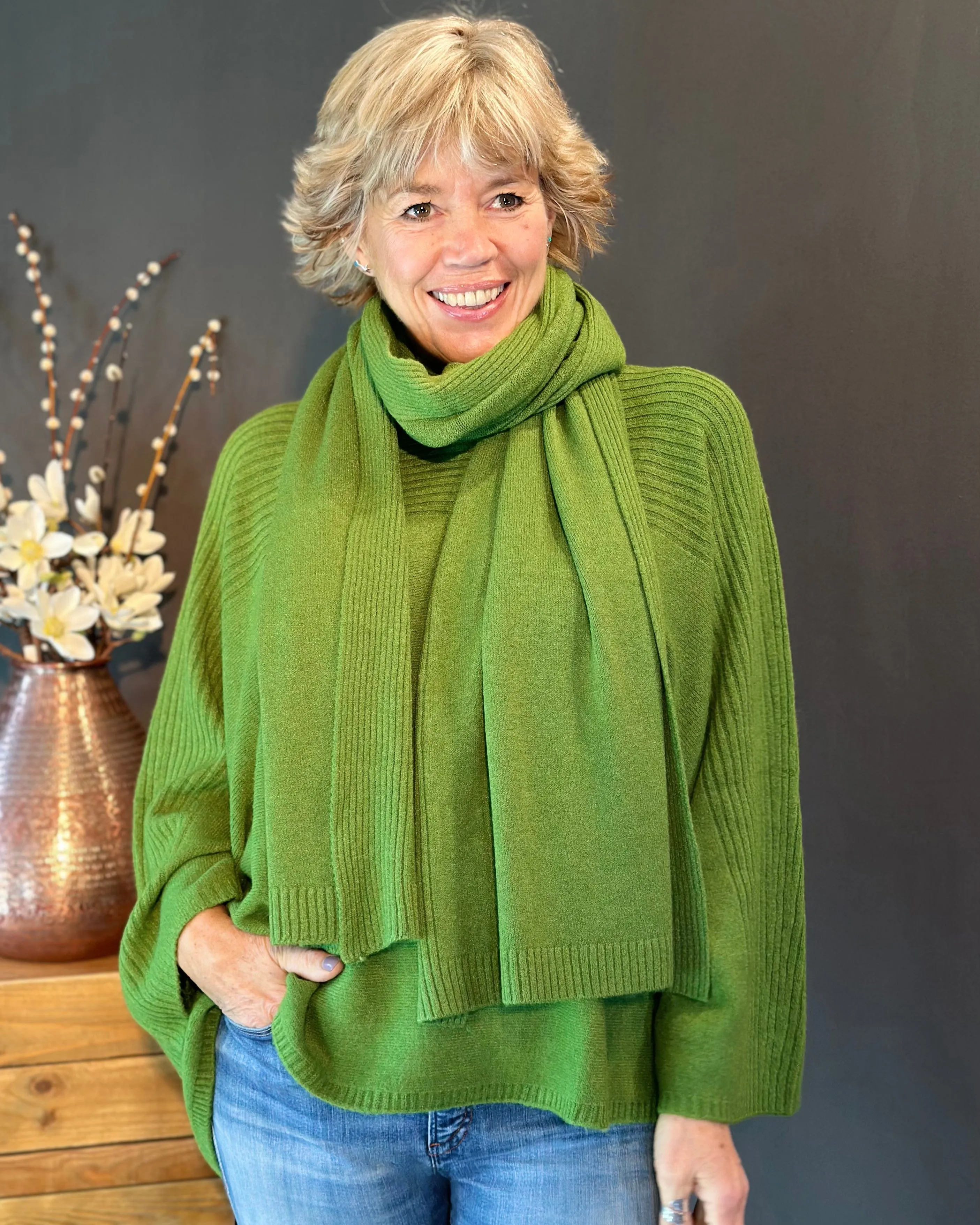 Slash Neck Ribbed Jumper - Fir Green