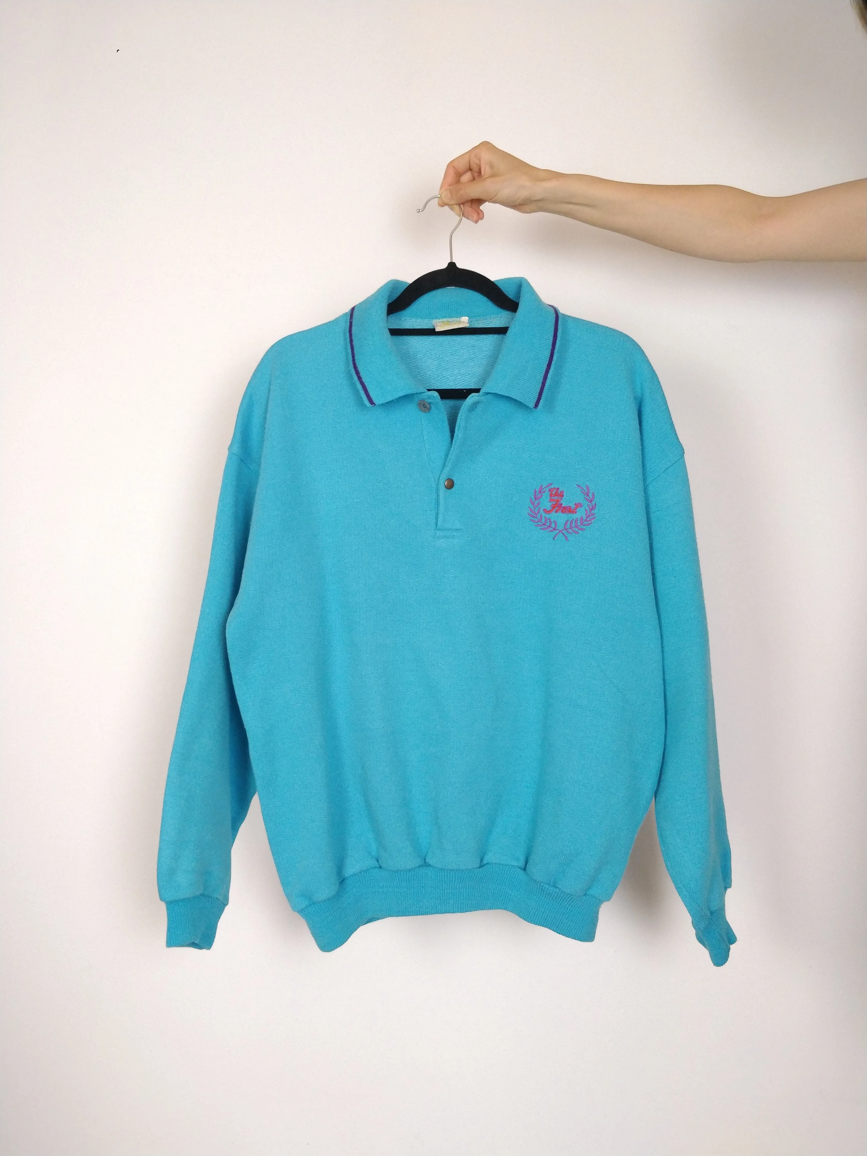 The Sky Sweatshirt | Vintage polo collar bright blue sweatshirt embroidery first sweater pullover M-L