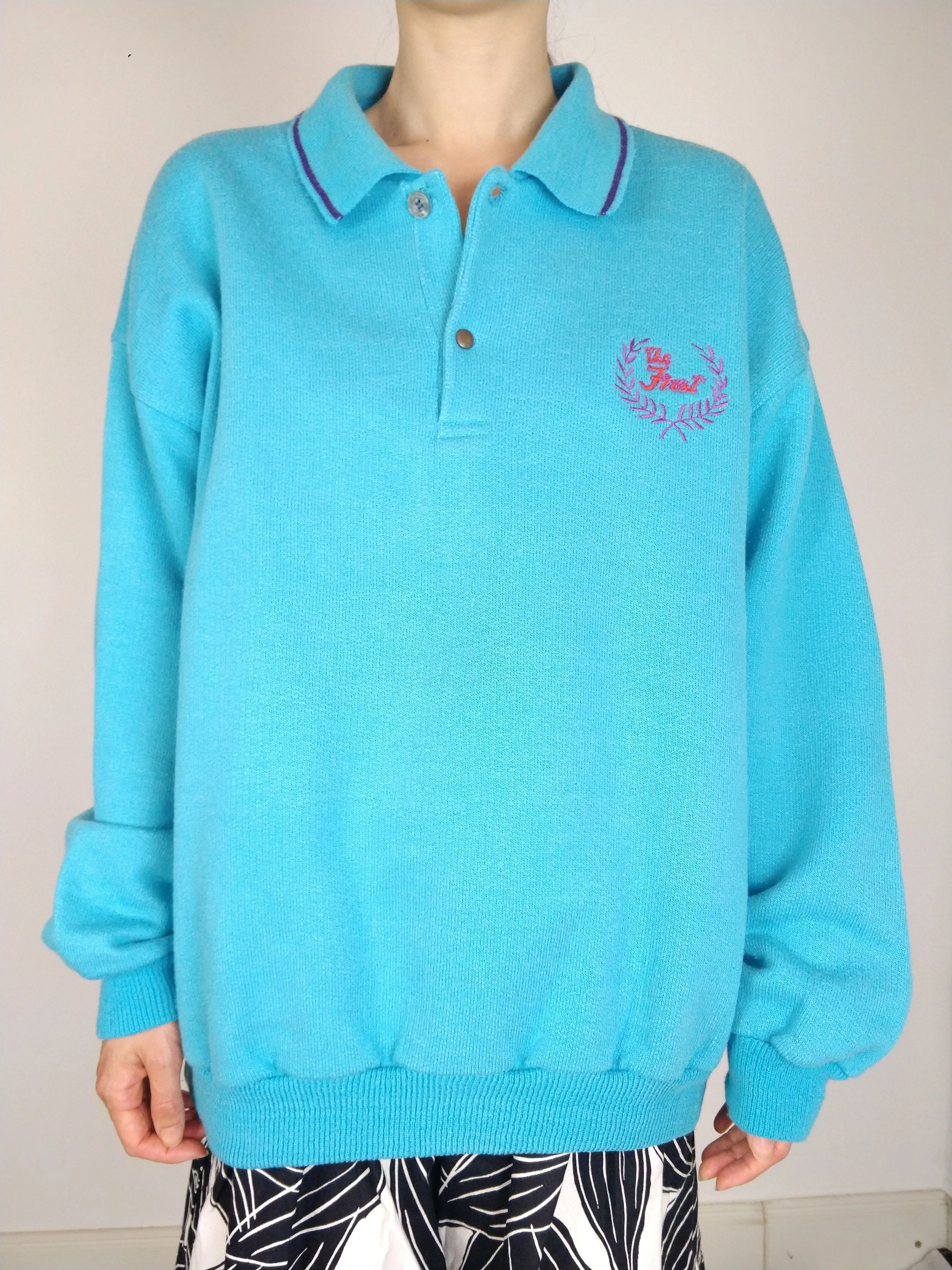 The Sky Sweatshirt | Vintage polo collar bright blue sweatshirt embroidery first sweater pullover M-L