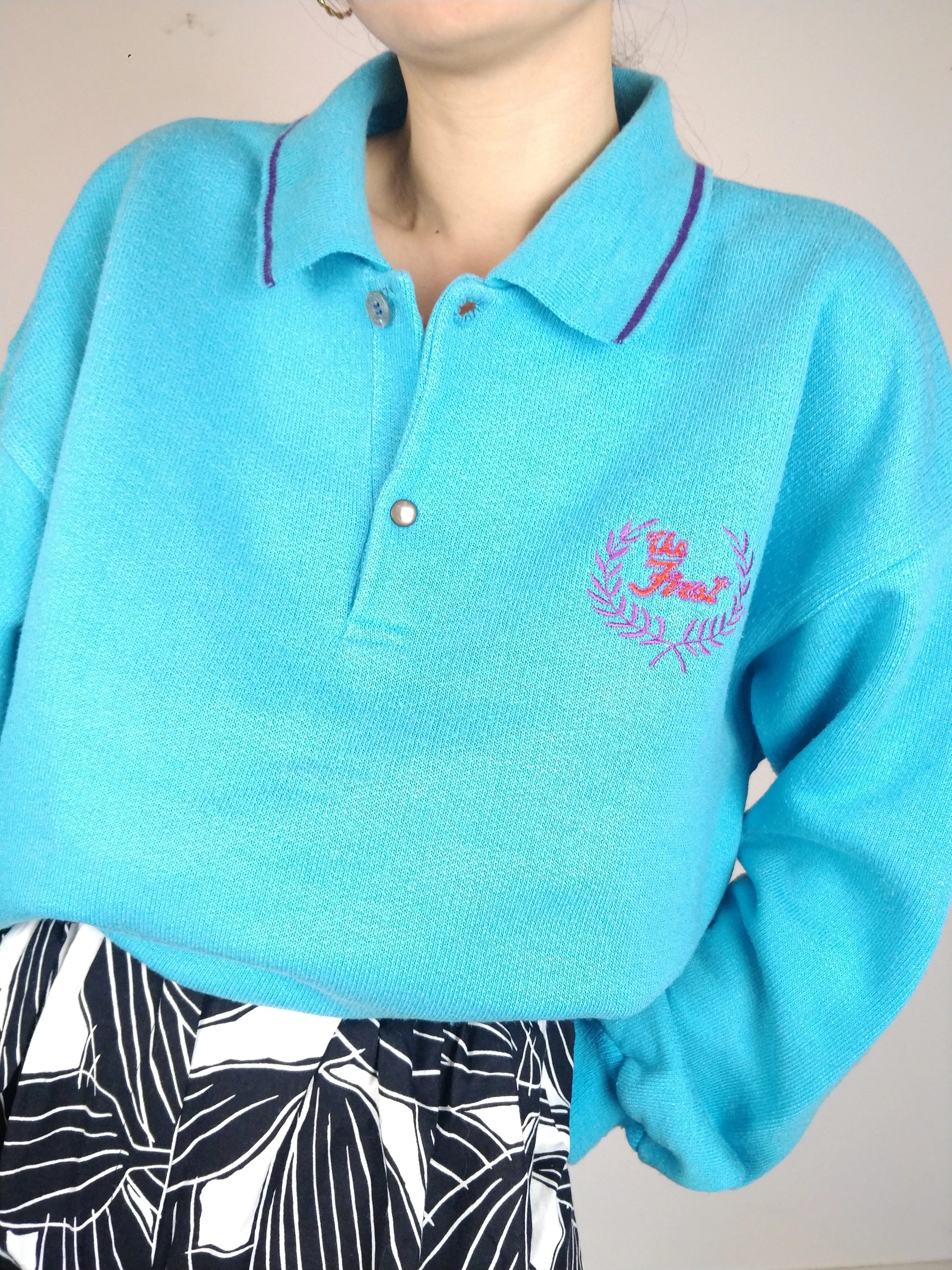 The Sky Sweatshirt | Vintage polo collar bright blue sweatshirt embroidery first sweater pullover M-L