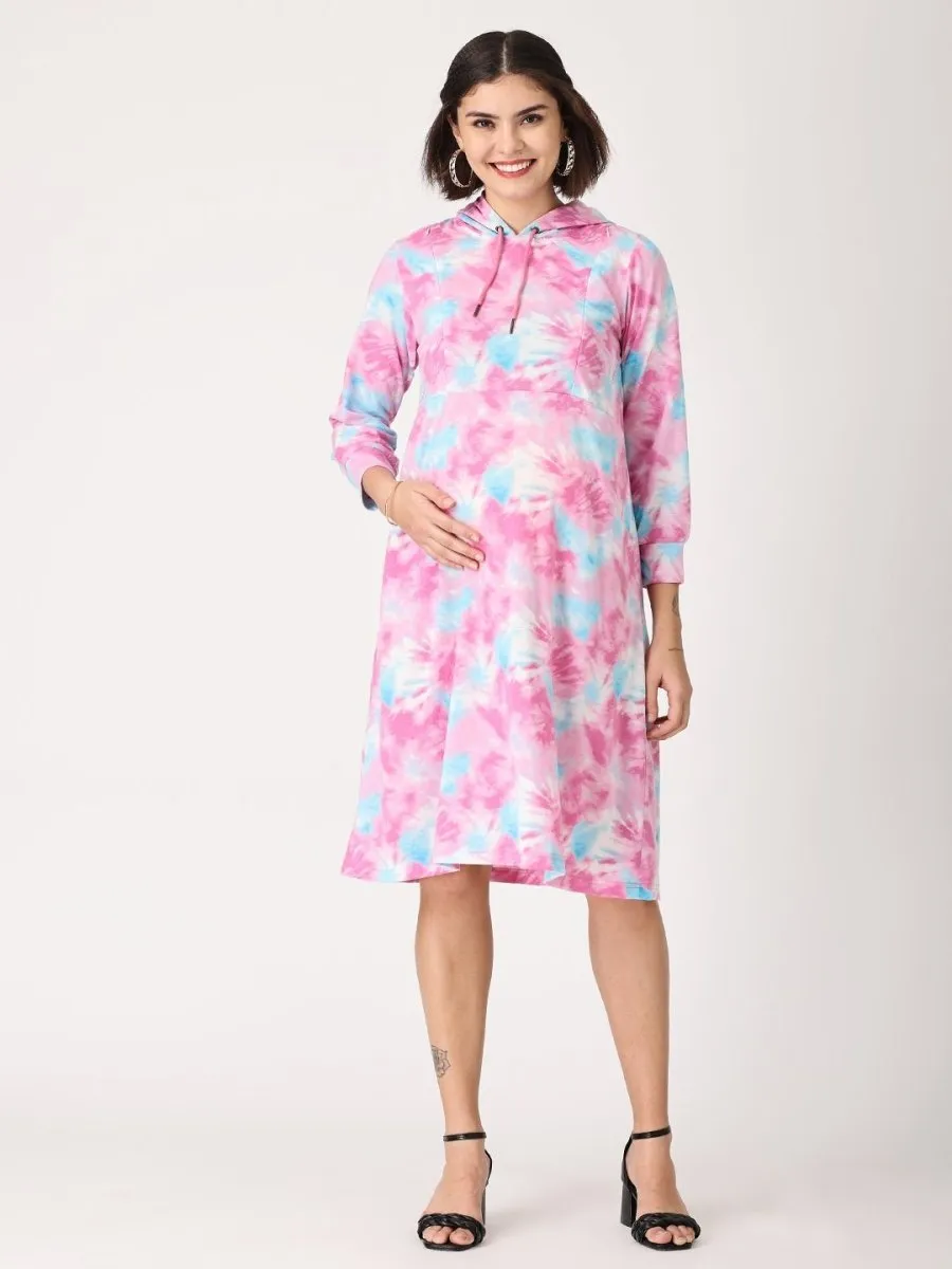 Tie & Dye Maternity Hoodie Dress with Nursing