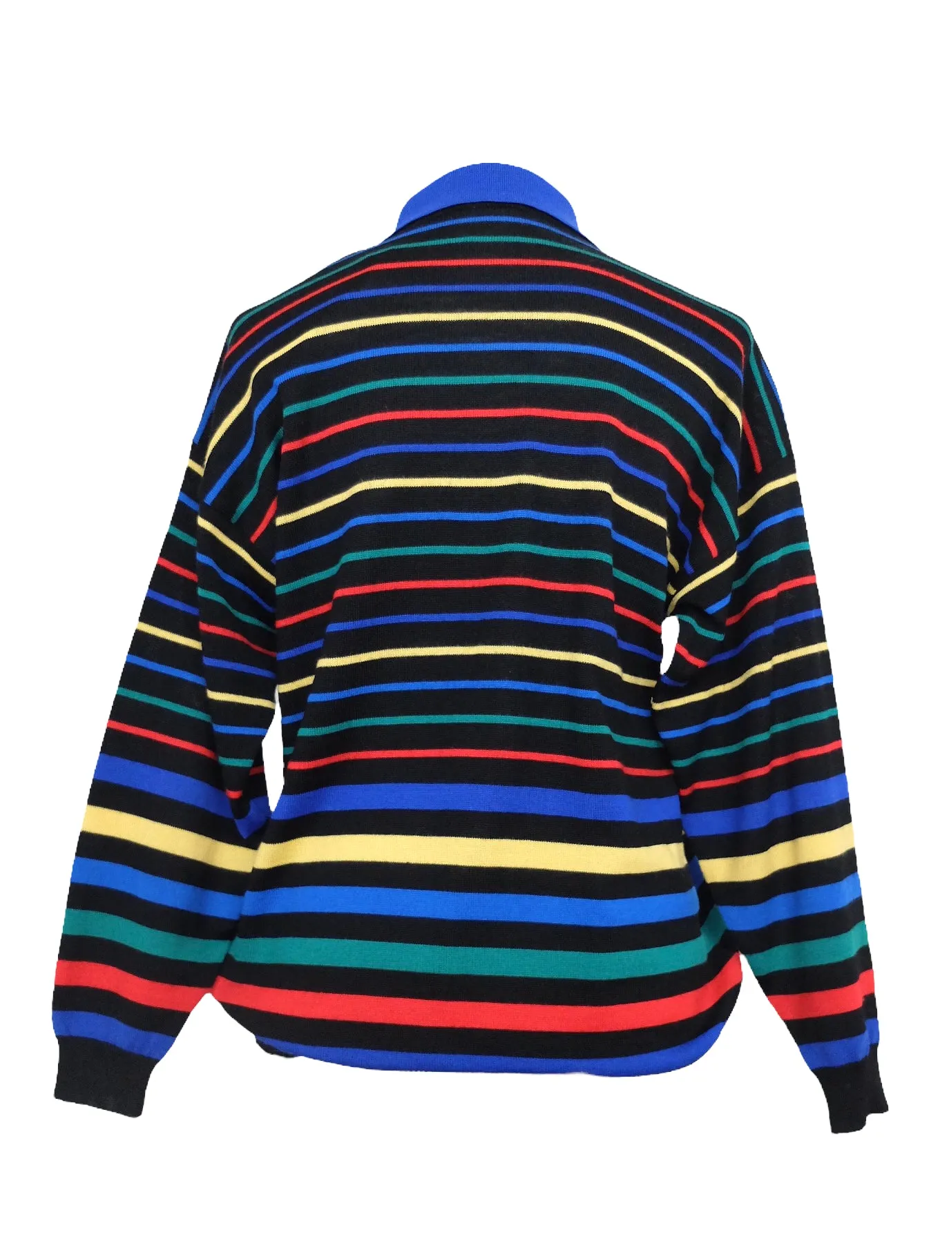Vintage 80s Wool Blend Boho Mod Preppy Funky Abstract Striped Wool Blend Black & Primary Multicoloured Long Sleeve 1/4 Button Up Collared Polo Thin Sweater | Women’s Size M-L | Men’s Size S-M