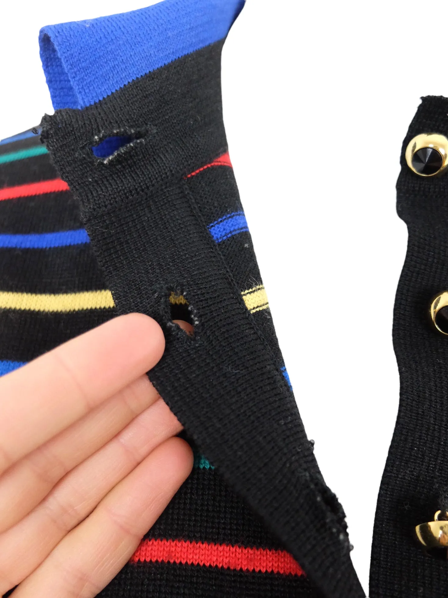 Vintage 80s Wool Blend Boho Mod Preppy Funky Abstract Striped Wool Blend Black & Primary Multicoloured Long Sleeve 1/4 Button Up Collared Polo Thin Sweater | Women’s Size M-L | Men’s Size S-M