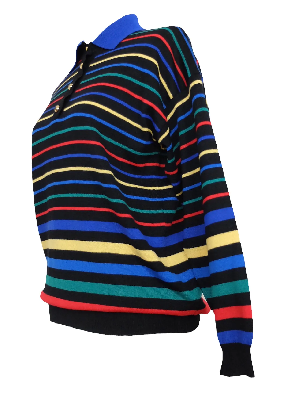 Vintage 80s Wool Blend Boho Mod Preppy Funky Abstract Striped Wool Blend Black & Primary Multicoloured Long Sleeve 1/4 Button Up Collared Polo Thin Sweater | Women’s Size M-L | Men’s Size S-M