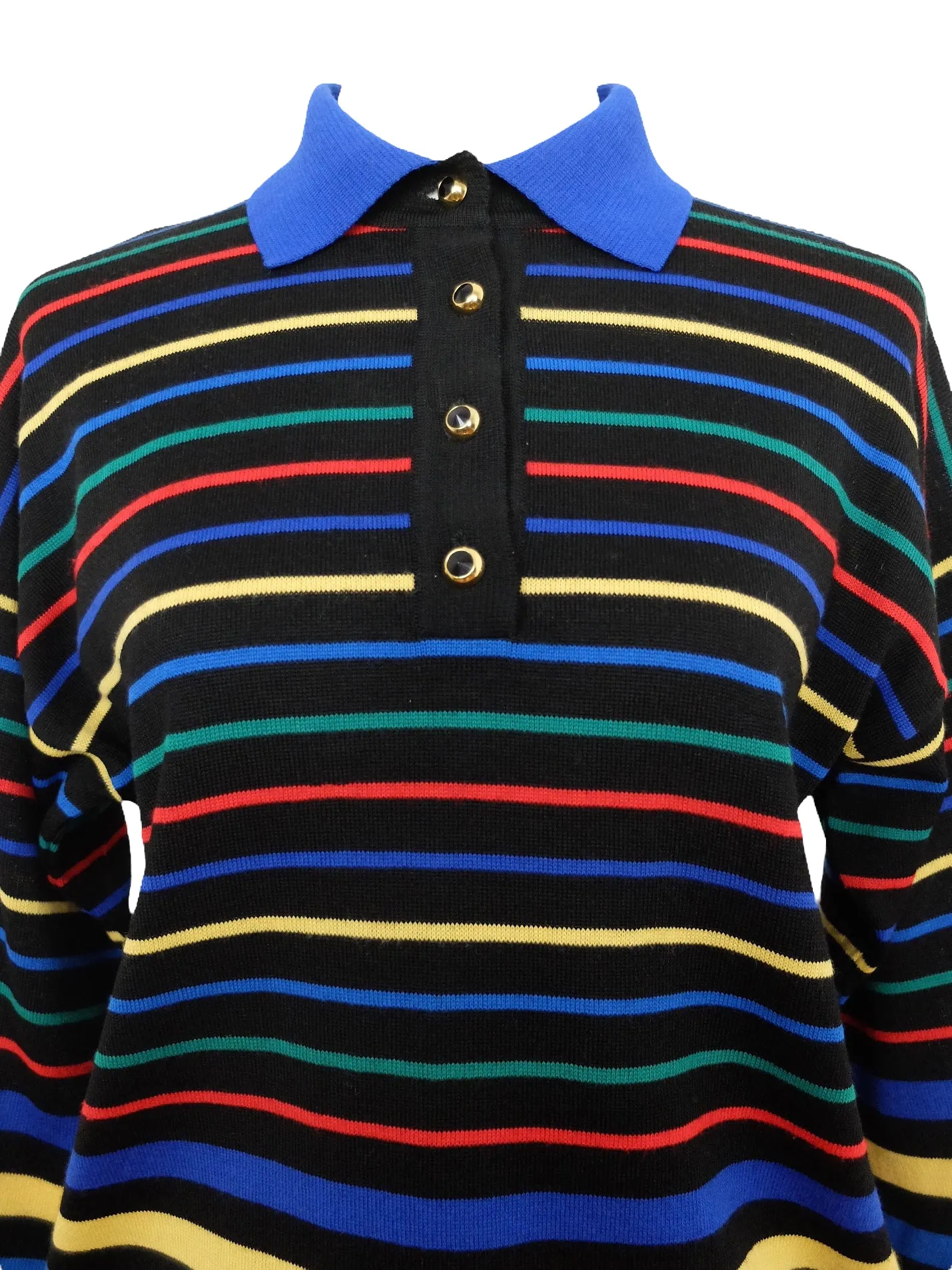 Vintage 80s Wool Blend Boho Mod Preppy Funky Abstract Striped Wool Blend Black & Primary Multicoloured Long Sleeve 1/4 Button Up Collared Polo Thin Sweater | Women’s Size M-L | Men’s Size S-M