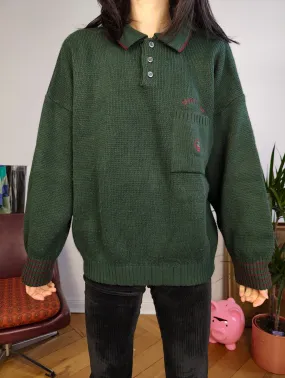 Vintage wool mix knit polo sweater green plain knitted pullover jumper embroidery logo women unisex men M