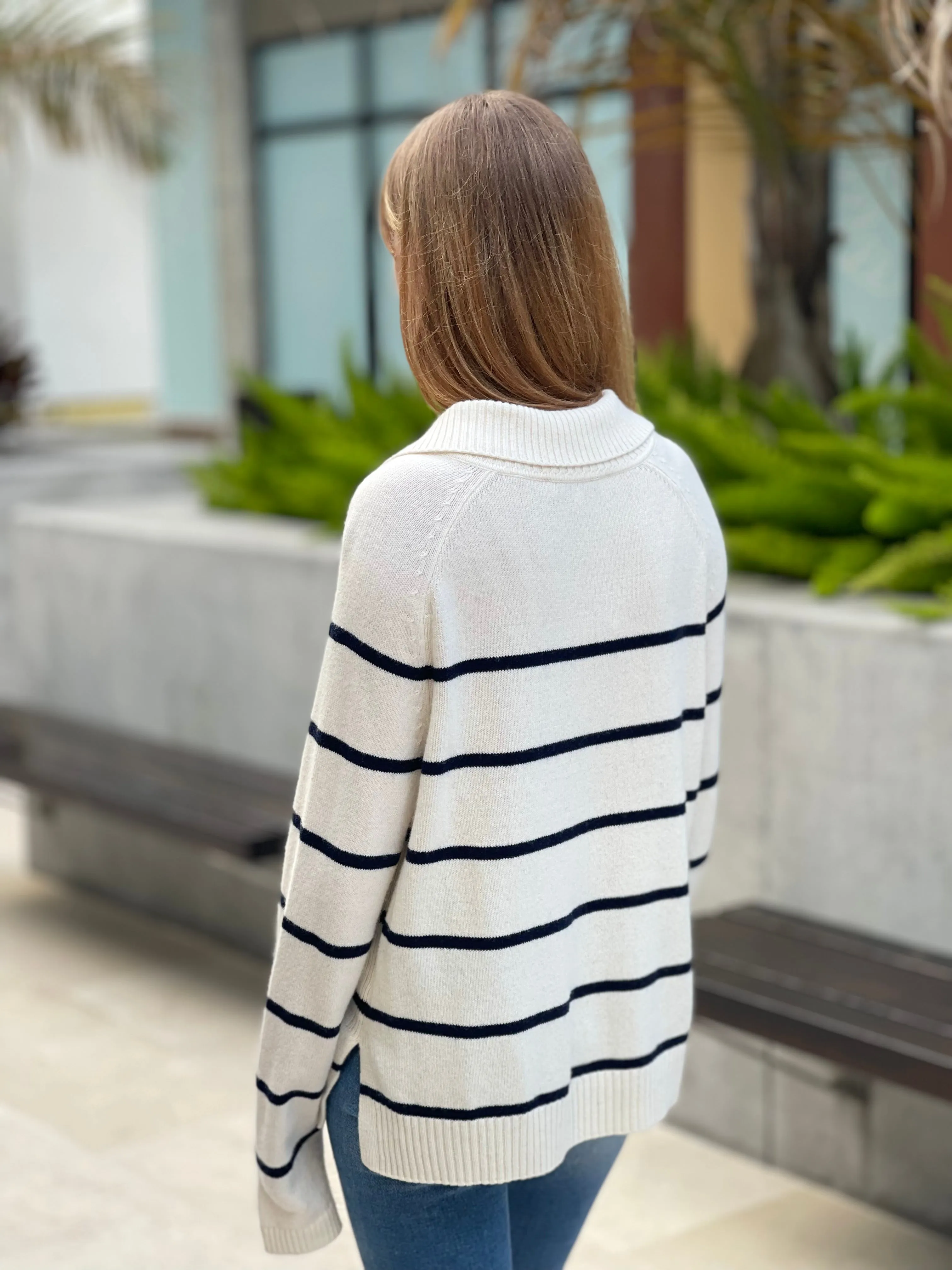 White & Warren Sustainable Cotton Polo Sweater Pearl White- Navy